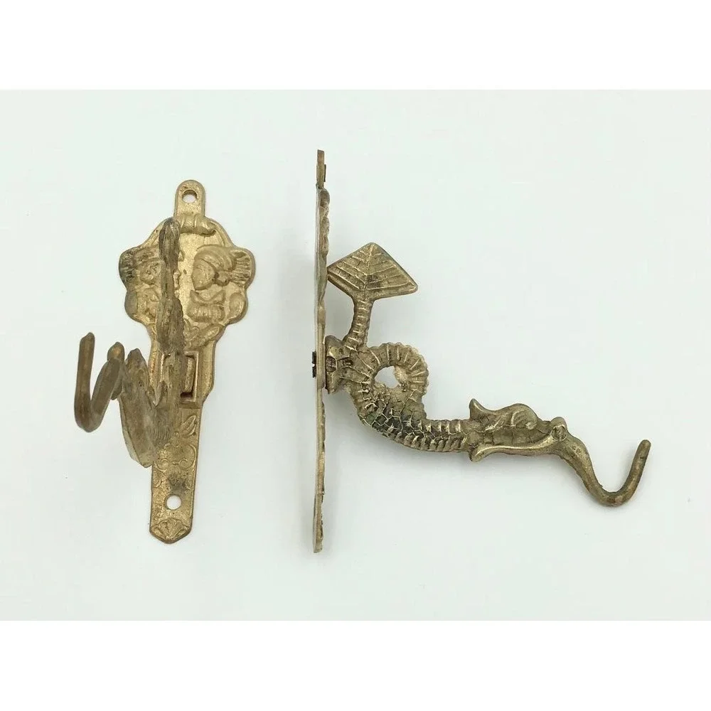 VTG Brass Dragon Sea Creature Wall Hooks Ornate Nautical Decor Set of 2 Coastal